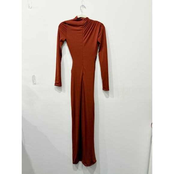 NWT PLT Label Double Layer Slinky Asymmetric Plunge Maxi Dress Rust Brown Size 0 - Picture 4 of 6